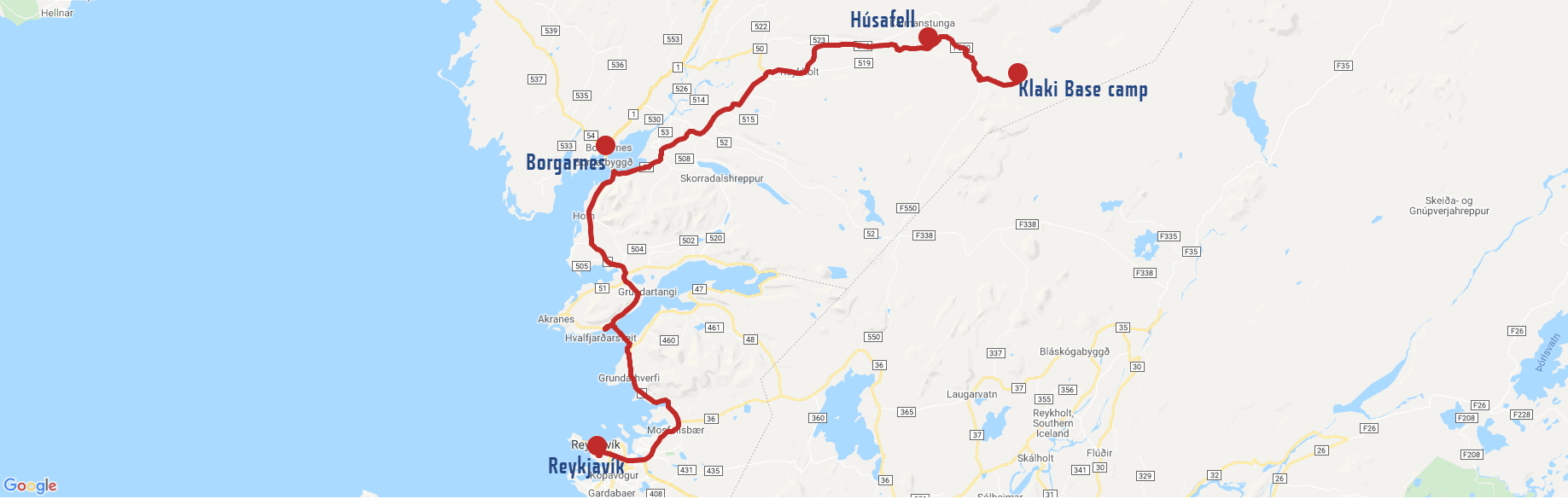 Into The Glacier route map to Húsafell and Klaki base camp